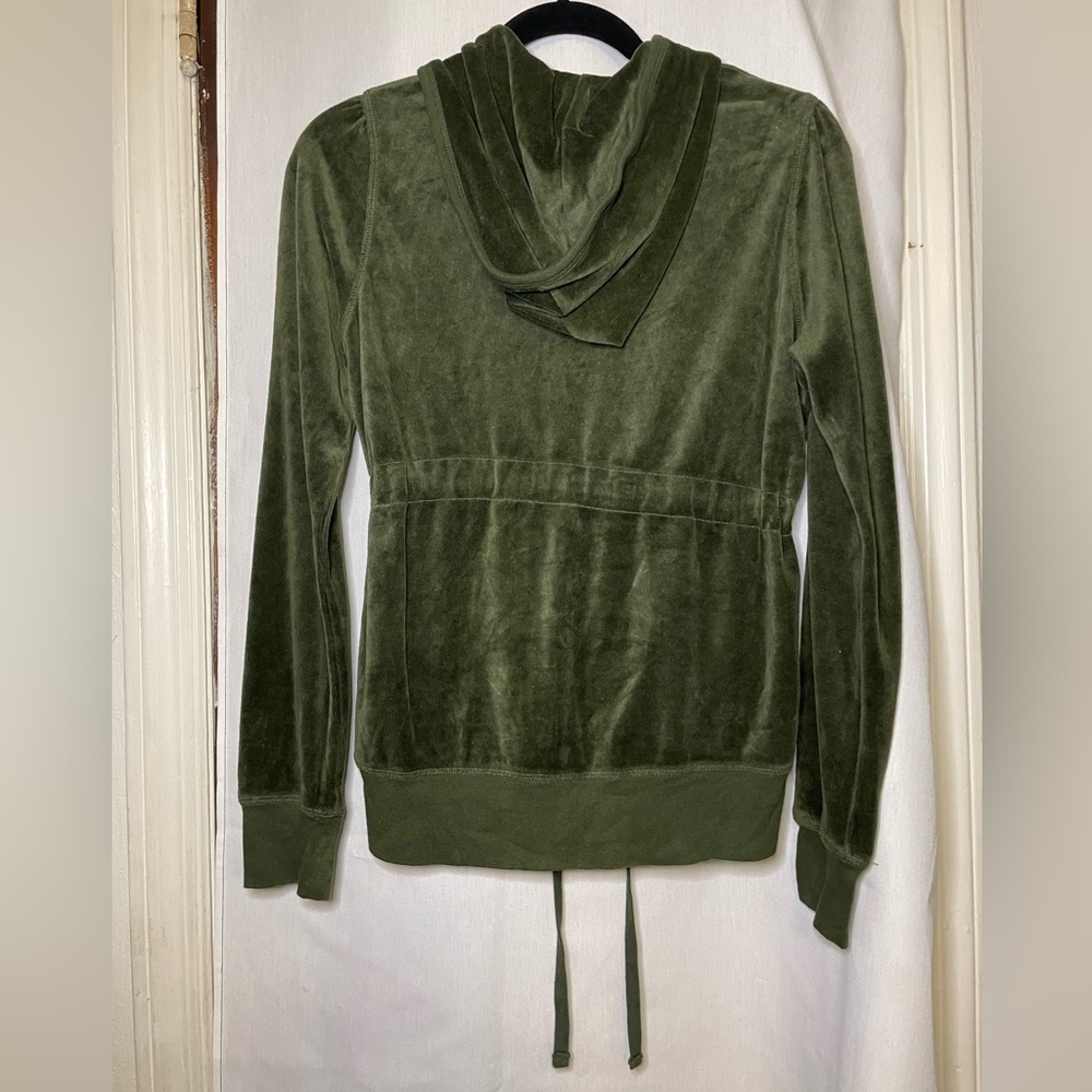 blu chic Preloved Olive Green Velour Women's Hoodie w/ Drawstring Middle Size M - Picture 6 of 10